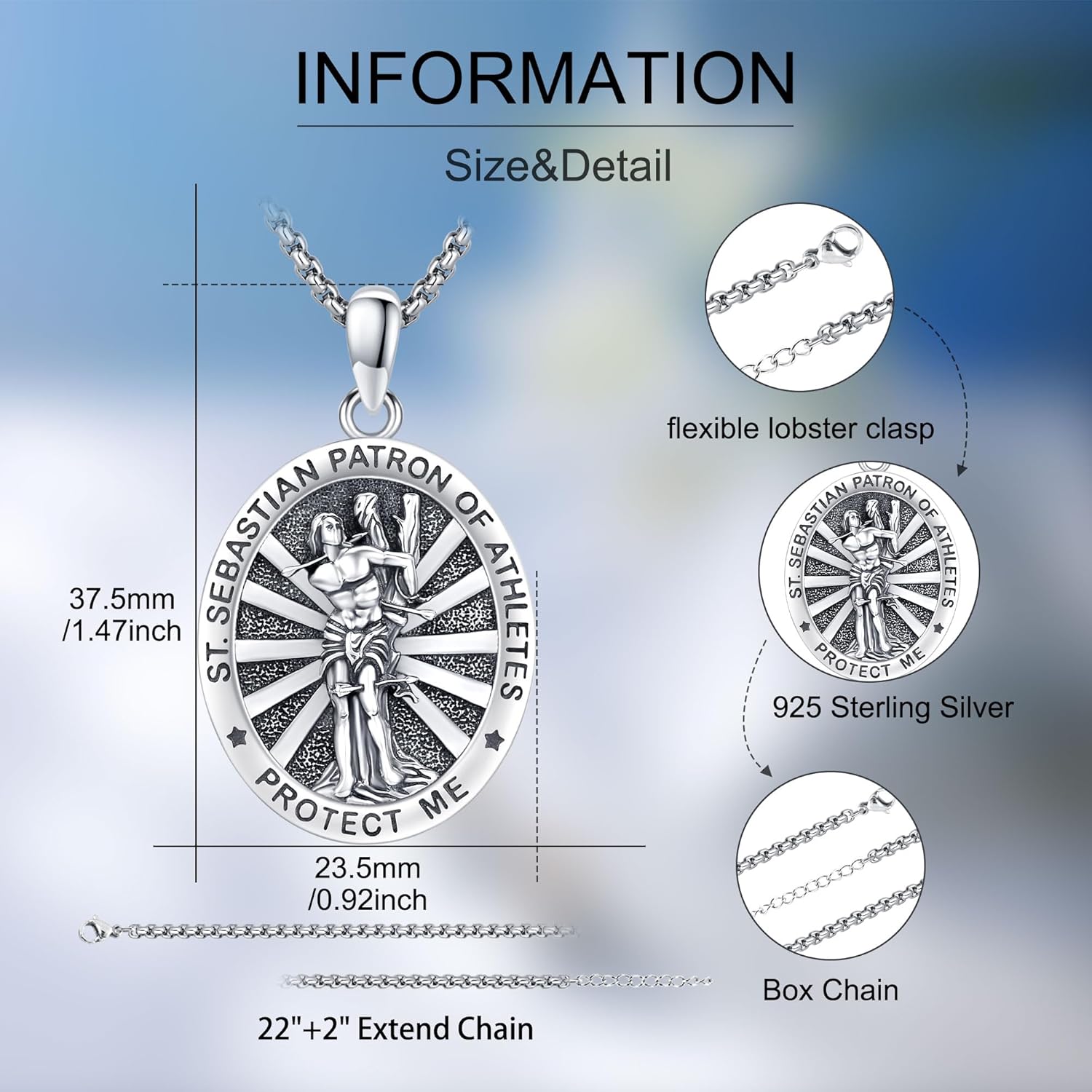 Saint Sebastian Necklace 925 Sterling Silver St Sebastian Medal Pendant Amulet Jewelry Gifts for Men Women Birthday Christmas