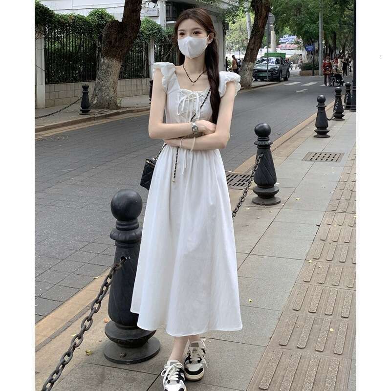Tea Break French Style Square Neck Tie Small Flutter Sleeve White For Women Summer Design Sense Waist Slimming Sleeveless Long Dress B5