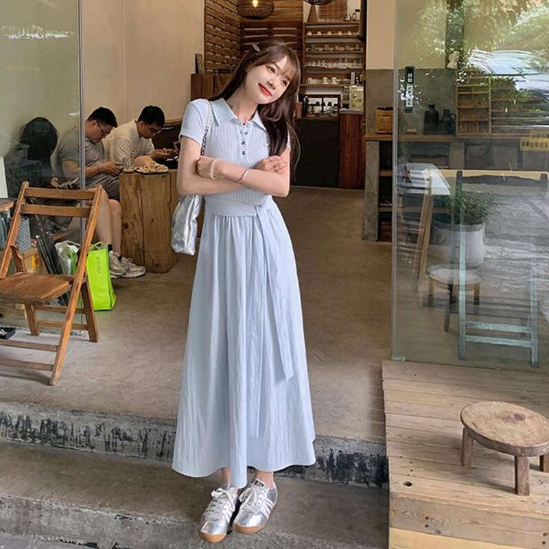 Sweet Youthful Polo Collar Waist-Cinching Beautiful Long French Gentle Blue Elegant Short Sleeve Dress Summer B5
