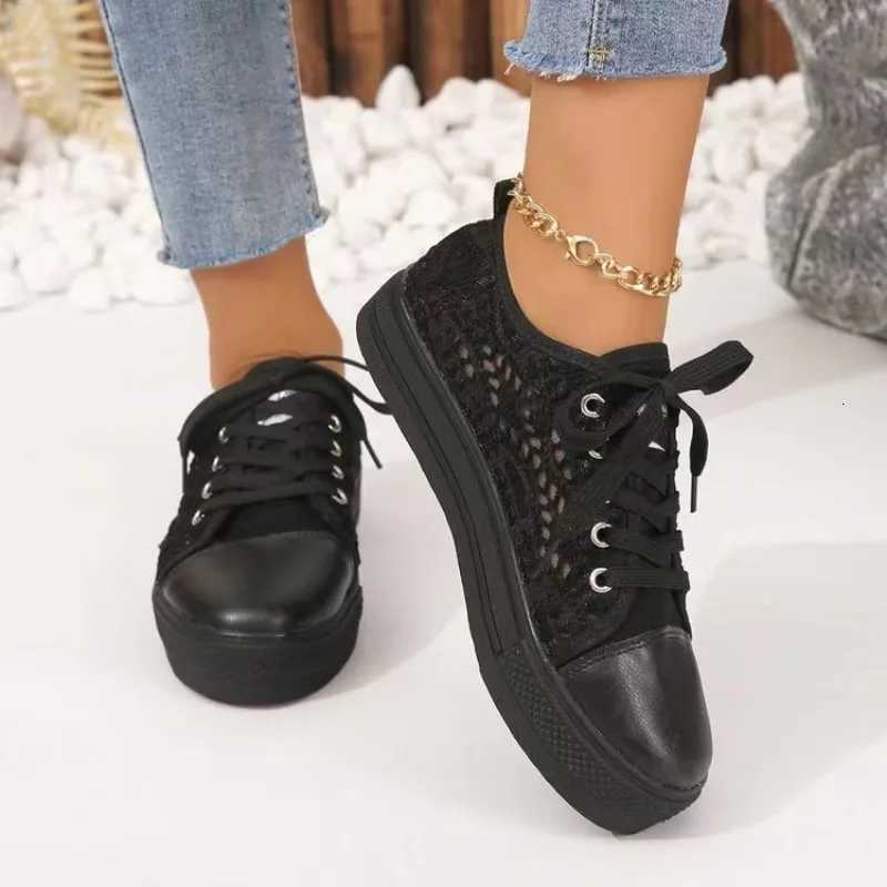 2024 Women Shoes Fi Summer Casual White Shoes Cutouts Lace Canvas Hollow Breathable Platform Flat Shoes Women Sneakers XJ250712