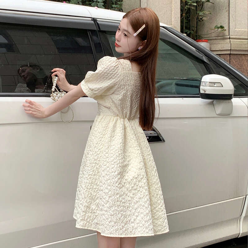 High-End Waist-Cinching Elegant Mid-Length Summer New French Style Slim Sweet Fresh Square Neck Dress For Women B5