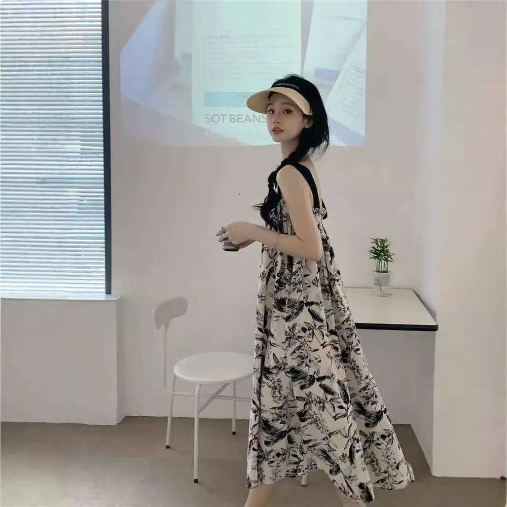 Beach Vacation Floral Strap Long Small Size Summer Korean Style Casual Loose Slimming Tube Dress B5