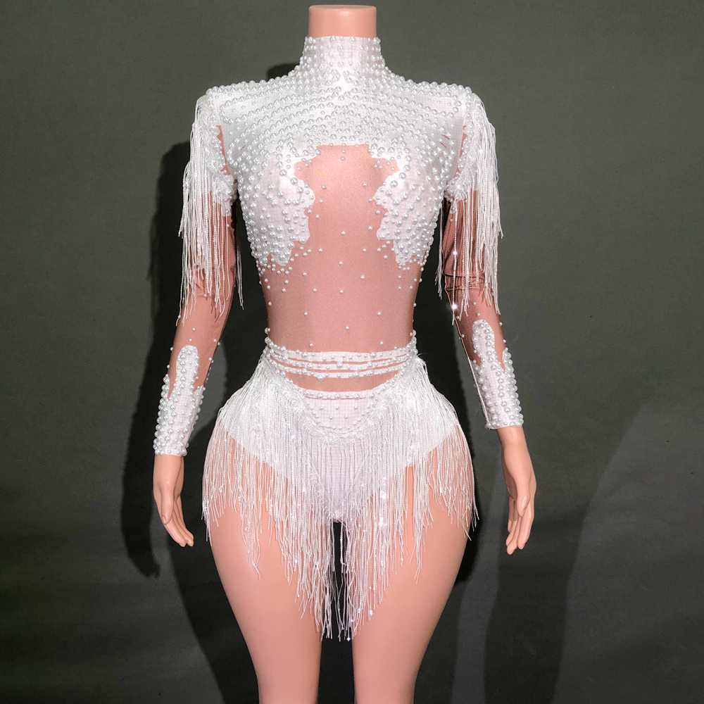 New White Pearls Sequins Tassels Bodysuit for Women Sexy Performance Dance Costume Dancer Show Stage Wear Club Outfit