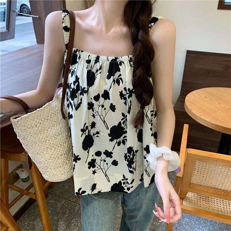 French Floral Camisole For Women Summer Design Sense Niche Outerwear New Loose Versatile Sleeveless Top B5