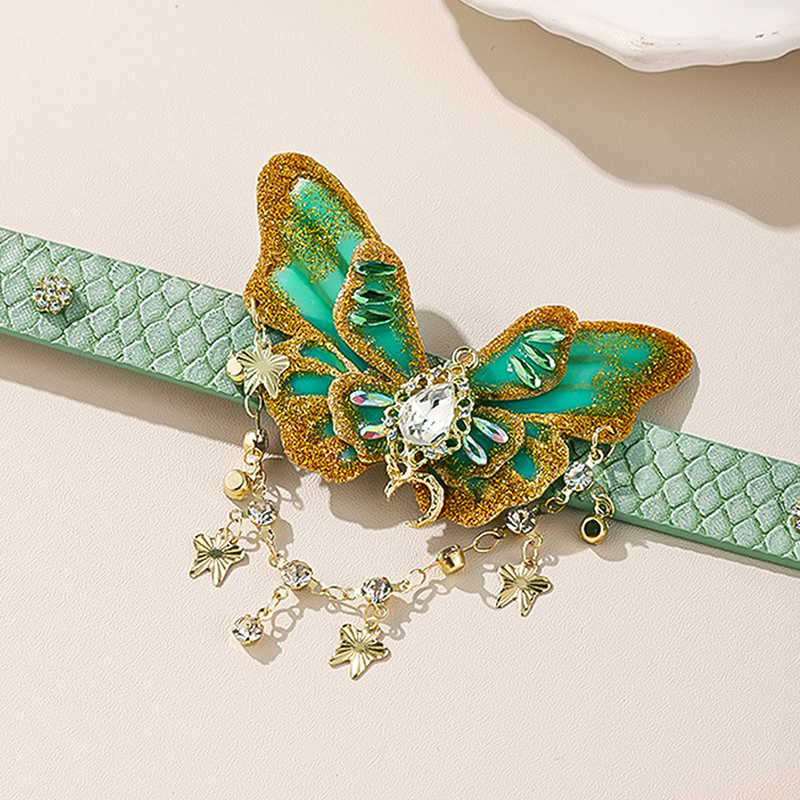 Vintage Bohemian Leather Choker Necklace with Green Charm and Tassel Detail - Retro Butterfly Jewelry for Women