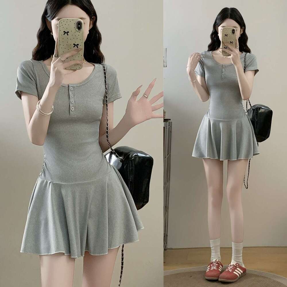 New Gray Slim Fit Sleeve For Women, Summer Waist-Cinching A-Line Dress, Petite Slimming Short Dress B5
