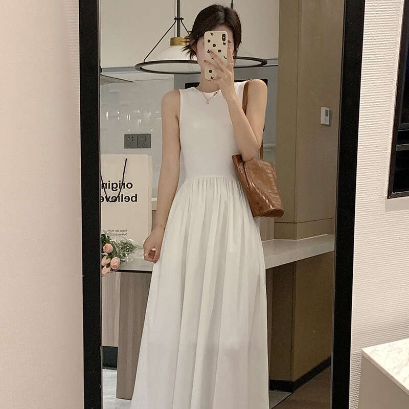 French Style White Sleeveless Summer Design Waist Slimming Elegant Tank Top Long Dress B5