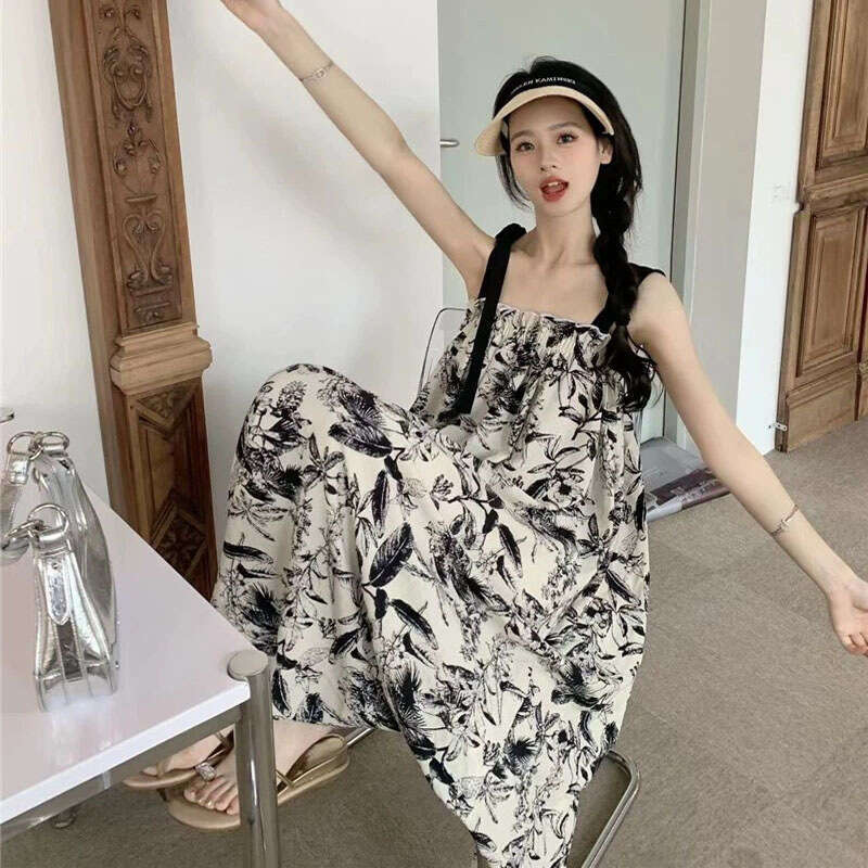 Beach Vacation Floral Strap Long Small Size Summer Korean Style Casual Loose Slimming Tube Dress B5