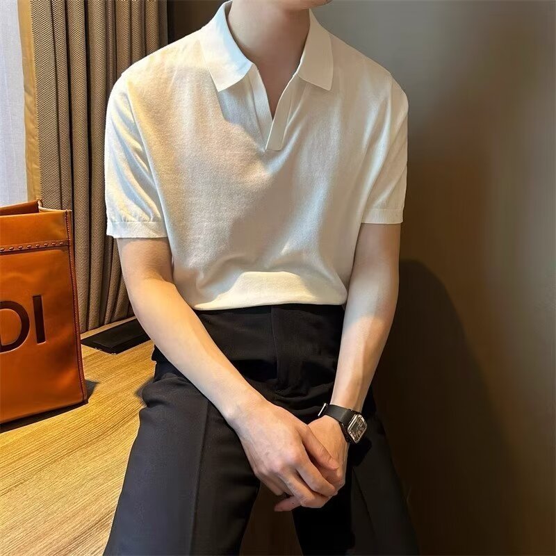 Summer Ice Silk Cooling Short Sleeve Polo Shirt For Men Solid Color Knitted Polo Shirt High Elasticity Simple Solid Color Polo 240617