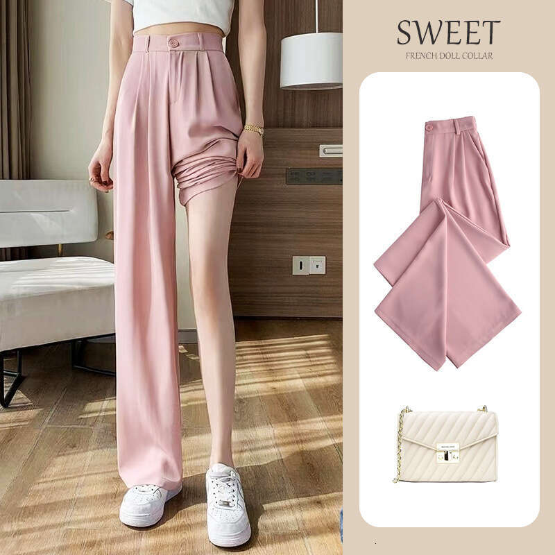 Pink Ice Silk Wide-Leg For Women, Summer Thin Draped Cool Pants, Sun-Proof Petite Straight Chiffon Suit Pants B5