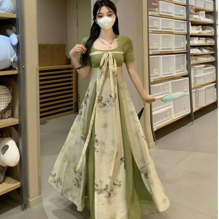 Plus Size New Chinese Style Sleeve Summer Waist Slimming Improved Long For Slightly Chubby Women With Tie Floral Dress B5