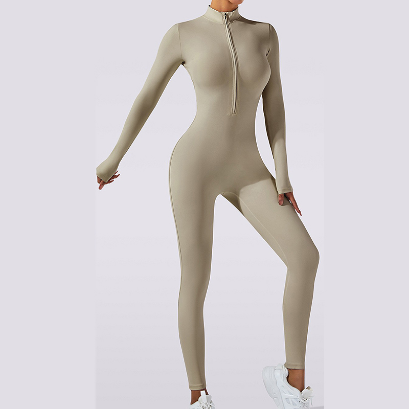 European and American Nude-Feel Zip-Up Long-Sleeve Yoga Bodysuit | High-Impact Workout One-Piece Fitted Yoga Outfit