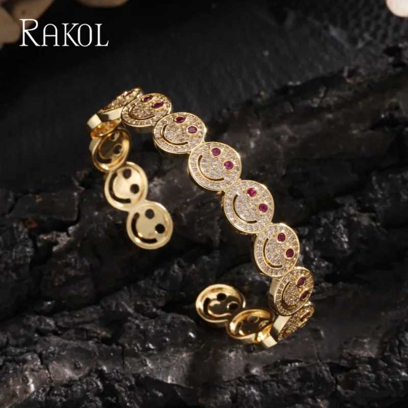 RAKOL Stylish Round Smile Cuff Bangle Copper Gold Plated Cubic Zirconia Charm Party Jewelry For Women Men Gifts Z250711