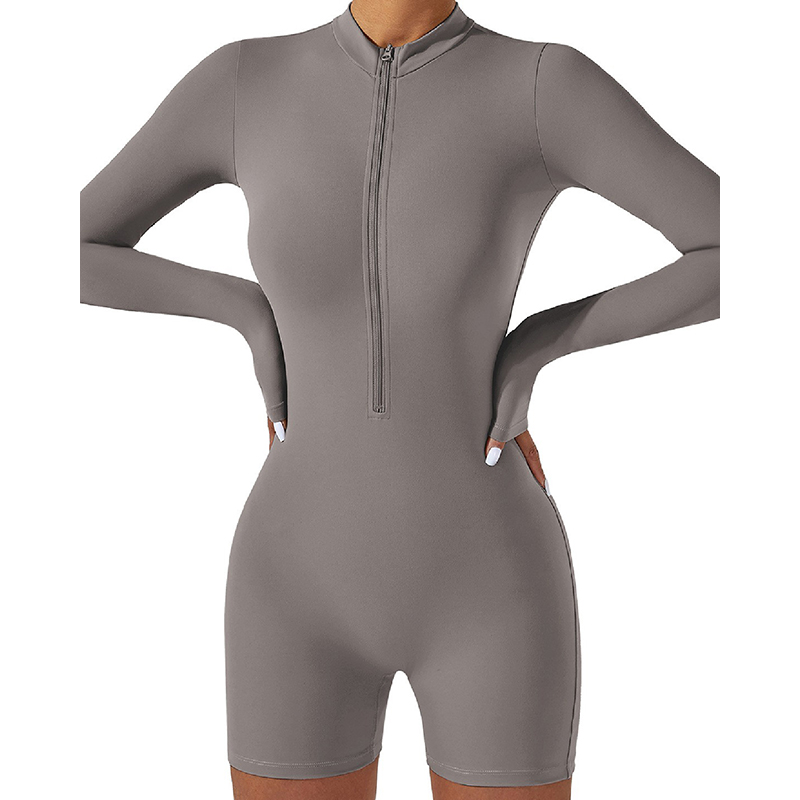 Women's New Open Collar Zip-up Long-sleeve Romper Shorts | Sexy Fitted Yoga Outfit for Dance, Fitness & Workout