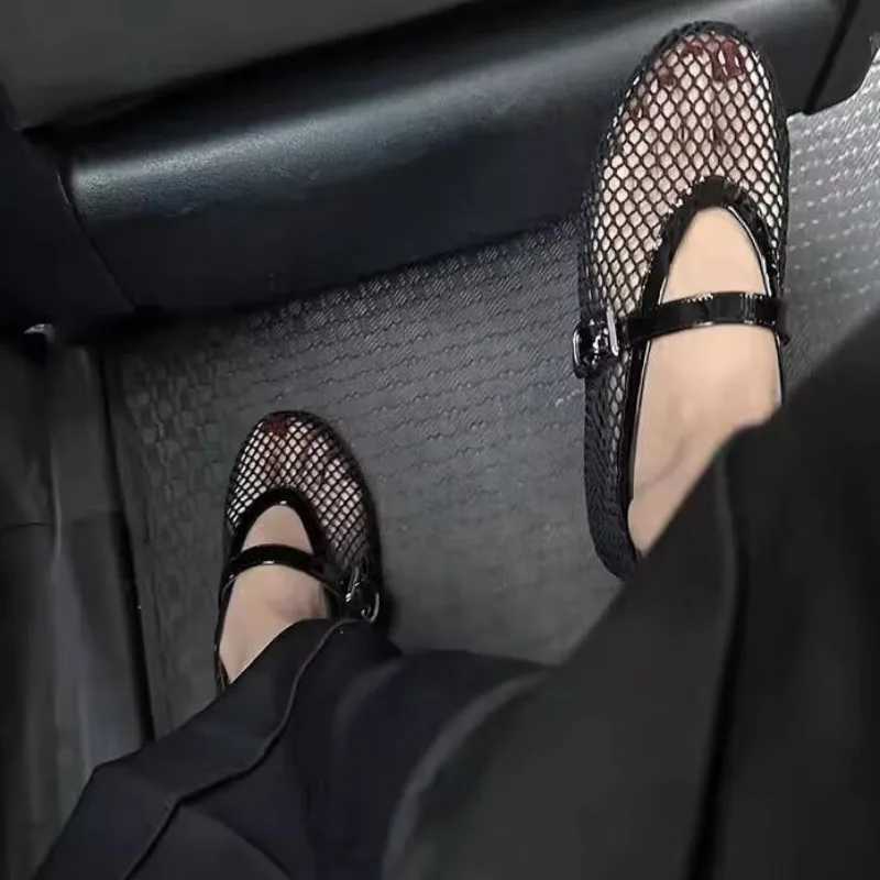 Mesh Black Ballet Shoes for Women Summer New Flat Hollow Mesh Breathable Single Shoe Fishnet Shoes Sandals XJ250712