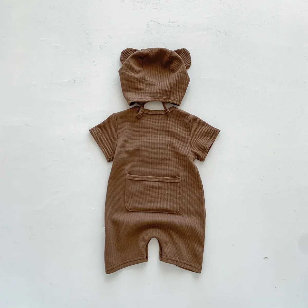Cotton Romper Gift Hat with Ears New In Summer Kids Baby Girls Boys Short Sleeve Waffle Patch Bear Infant Newborn Jumpsuits XJ250712