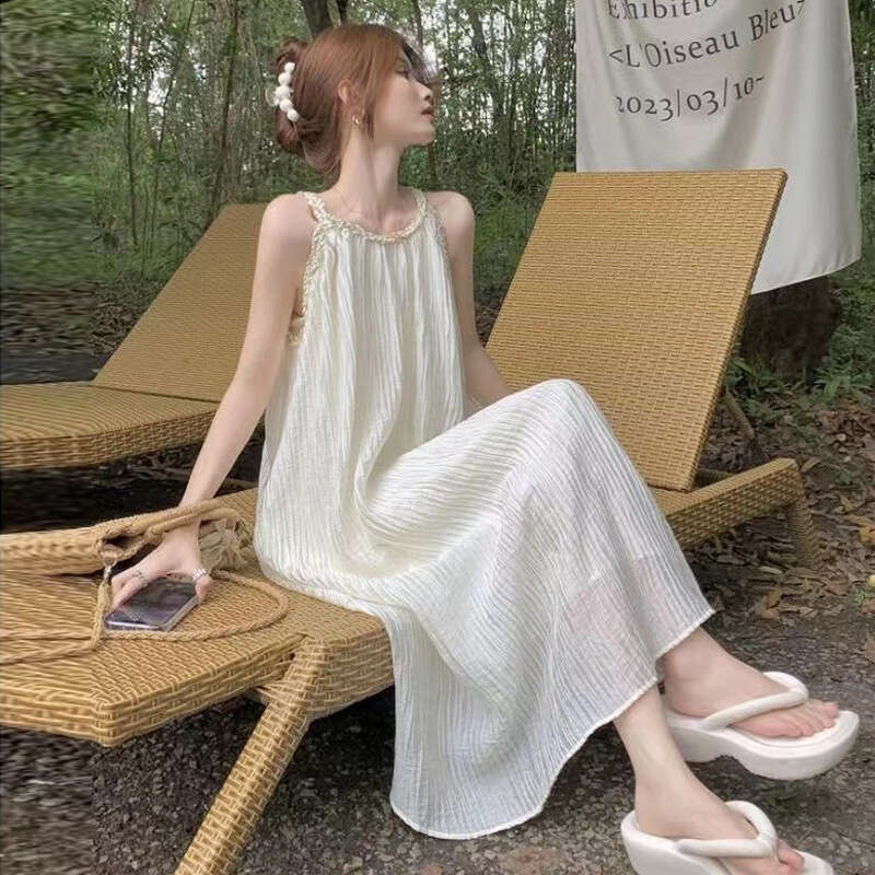 Gentle Style Halter Neck Strap For Women, Summer Petite Fairy Slimming Beautiful Beach Vacation Dress B5