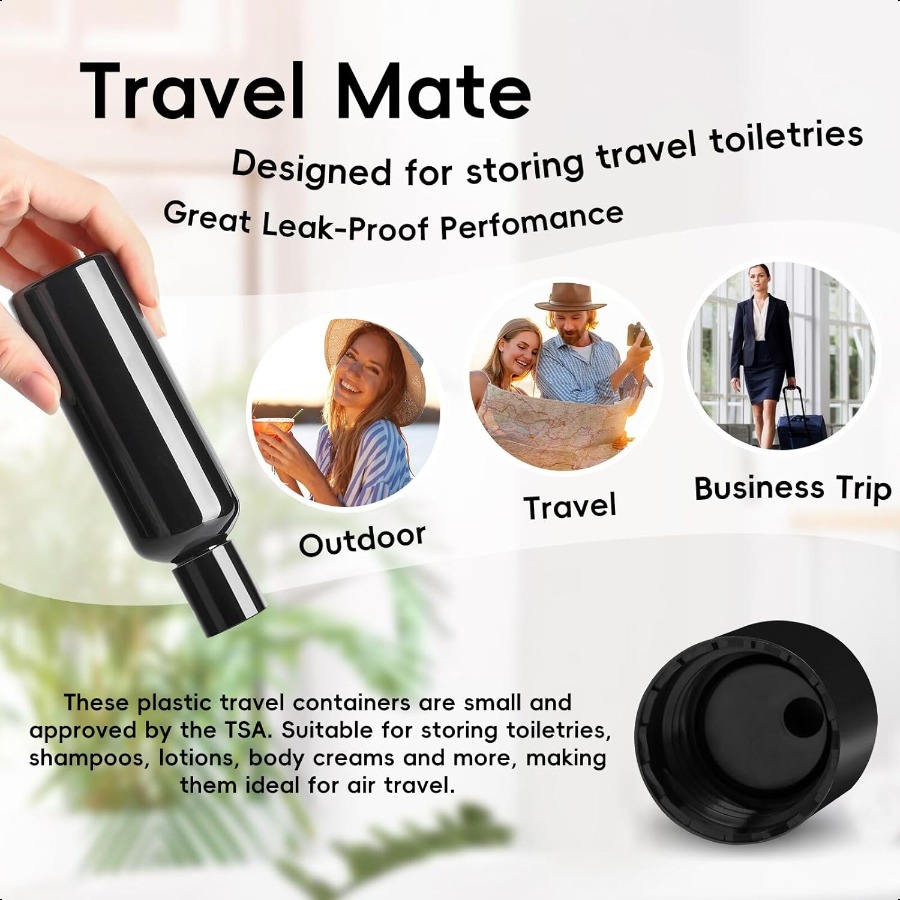 10 Pack 3.4 oz Black Travel Bottles for Toiletries TSA Approved Leakproof Travel Size Containers Empty Small Plastic Shampoo