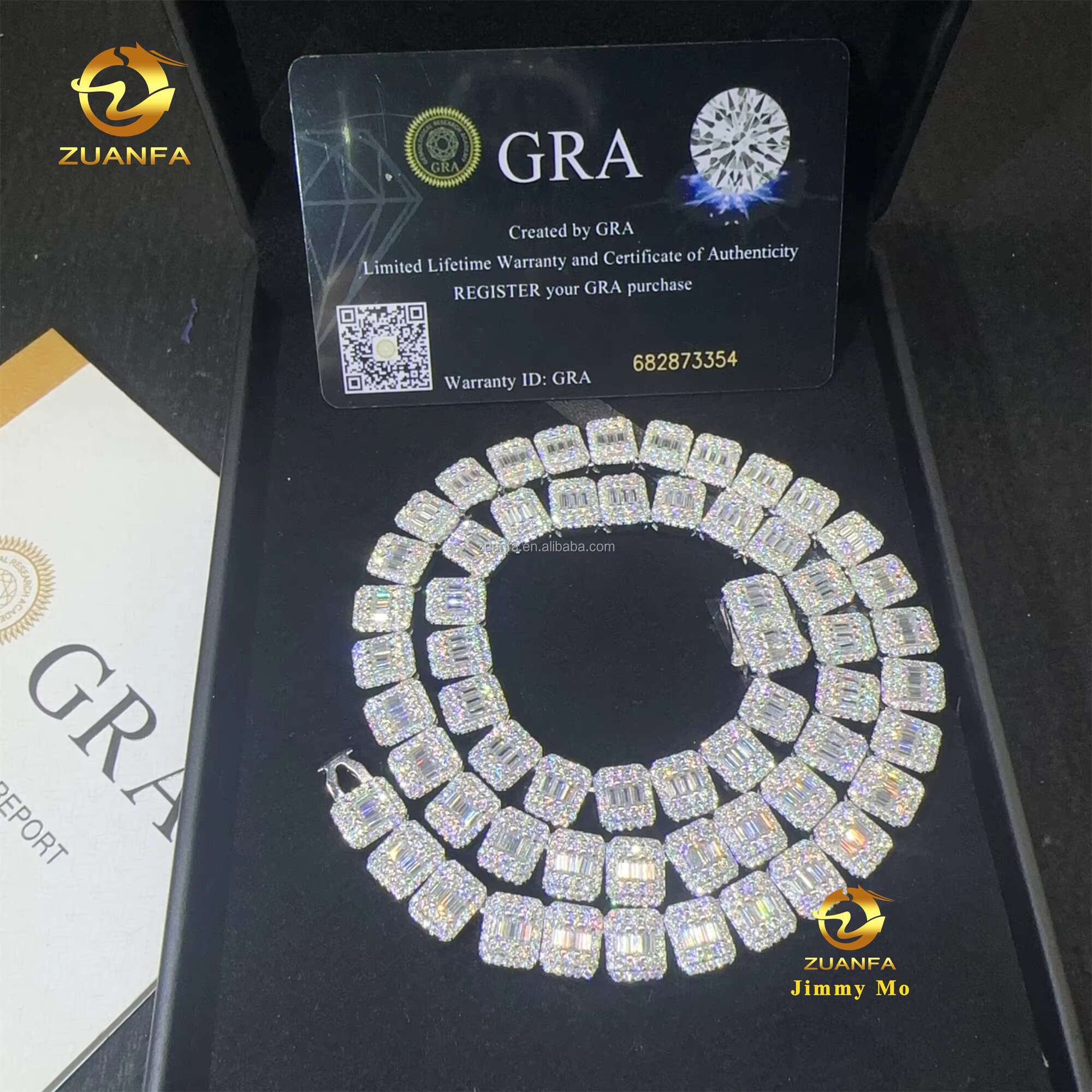 Personalized Hip Hop Style Jewelry Iced Out 925 Solid Silver Rhodium Plated Baguette Moissanite Cluster Tennis Chain Men