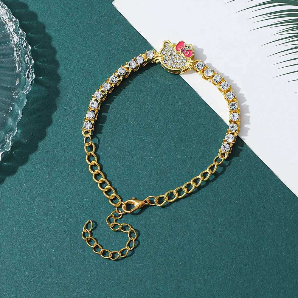 Sanrio Gold Plated Sanrio KT Cat Bracelet for Women Adjustable Full of Rhinestones Trendy Square Zircon Jewelry Accessory w250716