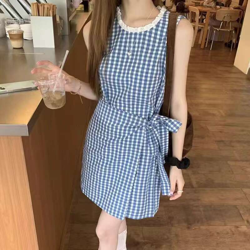 French Blue Plaid Vest For Women Summer New Small Petite Elegant Waist-Cinching A-Line Short Dress B5
