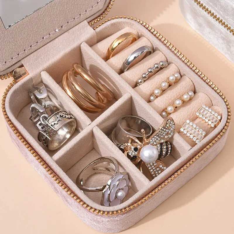Plush Velvet Jewelry Box for Women Geometric Square Jewelry Storage Case Necklace Ring Earrings Travel Portable Zipper Boxes Z250712