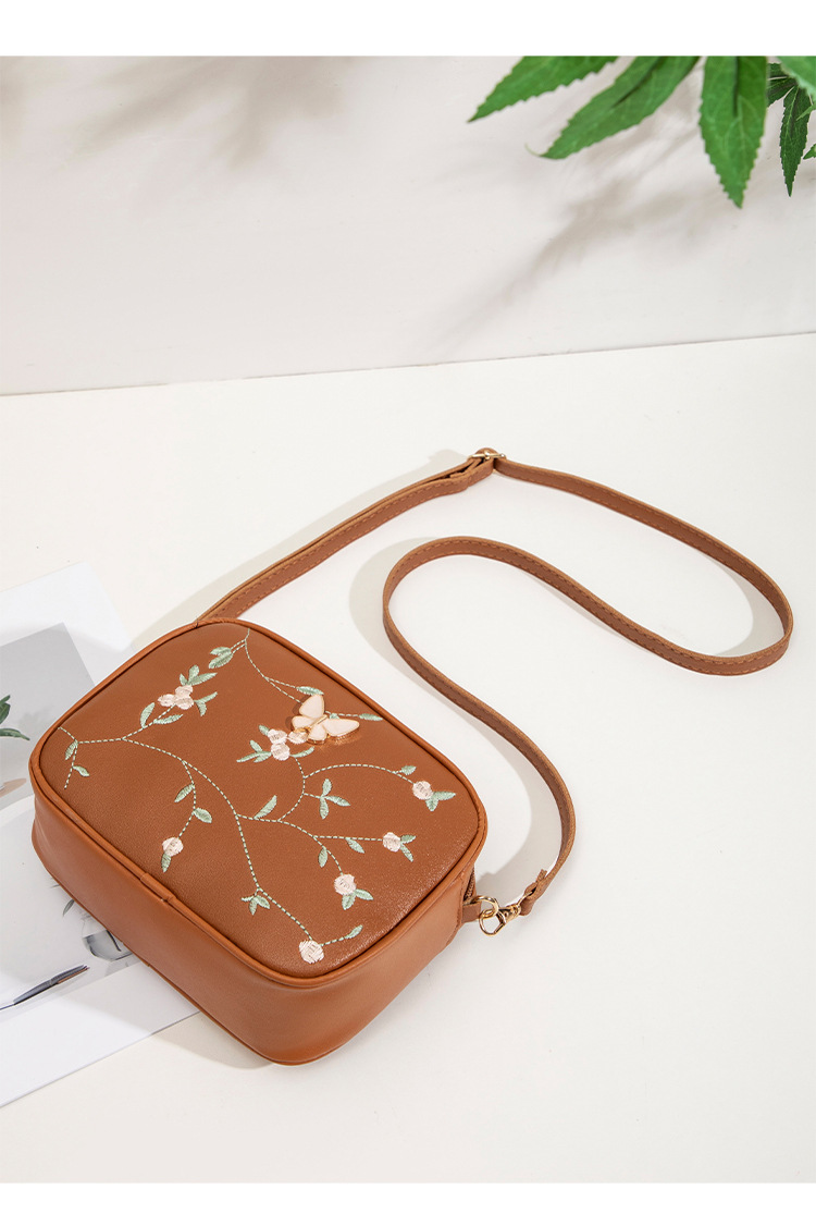 Embroidered flower bow camera bag, simple women's bag, casual small square bag, single shoulder crossbody bag, women's bag
