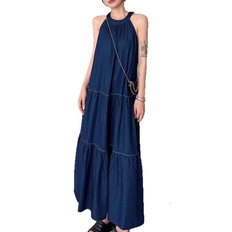 French Style Blue Halter Summer Plus Size Loose Fit For Chubby Women, Travel Beach Vacation Elegant Long Dress B5