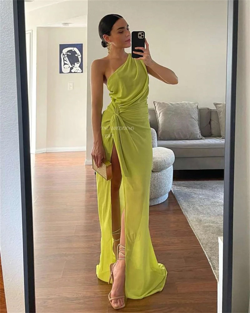 Simple Elegant Evening Dresses Customized Chiffon One-Shoulder High Slit Green Prom Gown Mono Floor-Length 2025