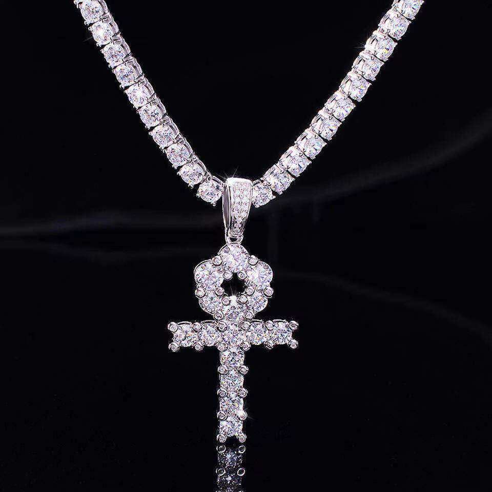 Hip Hop Gold 925 Sterling Silver Ankh Cross Pendant Necklace Bling Jewelry Moissanite Cz Diamond Men Silver Ankh Pendant