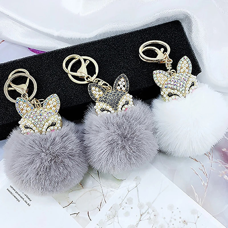 Cute Pompom Keychain Charm Rhinestone Mini Fox Fluffy Fur Pendant For Women Bag Car Keyring Phone Jewelry Accessories Kids Gift 250708