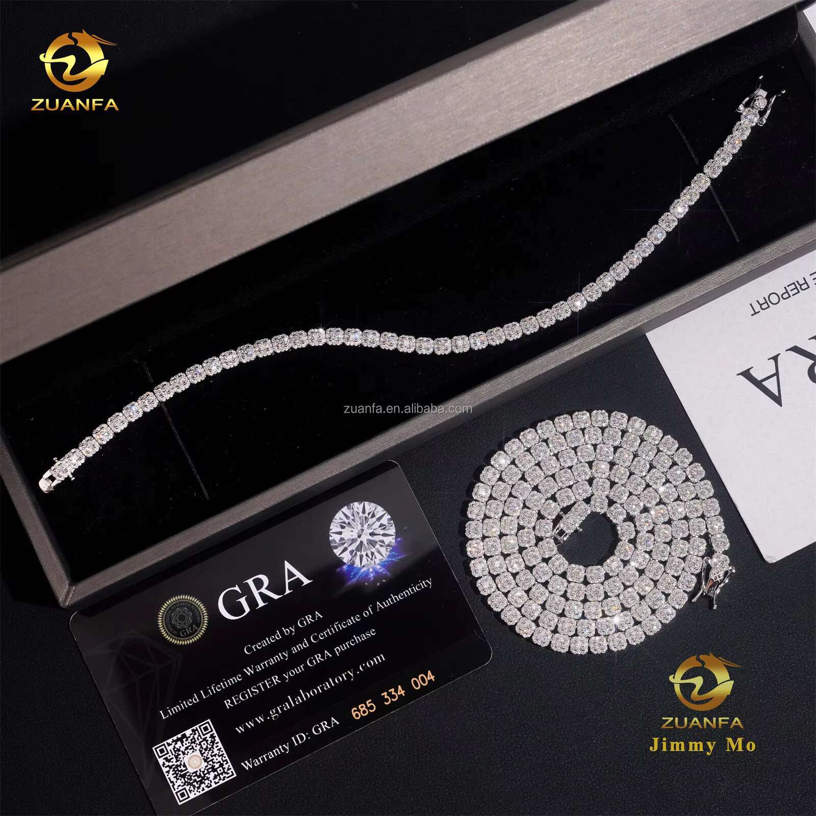 New Design Elegant Claw Setting 4mm 925 Solid Silver Hip Hop Jewelry D VVS Moissanite Diamond Cluster Tennis Chain Bracelet Set