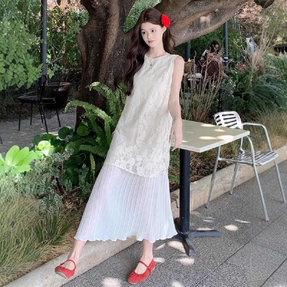 Summer New French Vacation Style Lace Embroidered Mid-Length Sleeveless Tank Dress Women's Chic B5