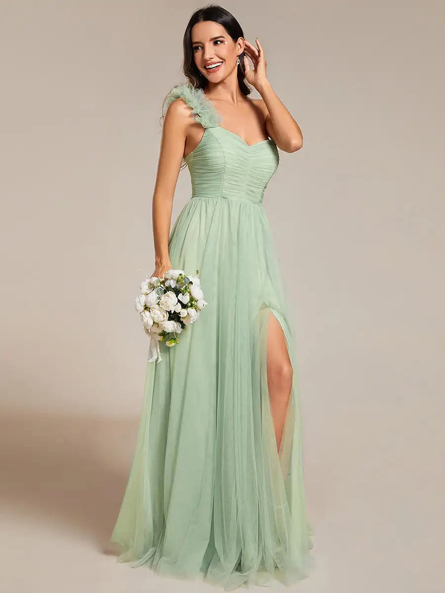 Elegant Evening Dresses Backless One Shoulder Pleated Split Tulle Floor-Length 2025 Ever Pretty of Mint Green Bridesmaid Dresses