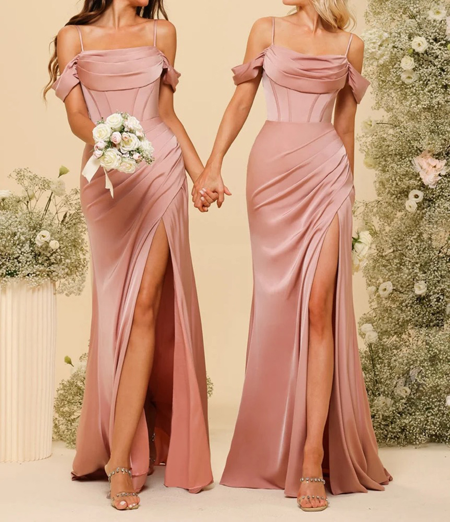 Satin Spaghetti Straps Mermaid Bridesmaid Dresses Off the Shoulder High Slit Evening Dress Backless Long Wedding Party Gowns Free shi