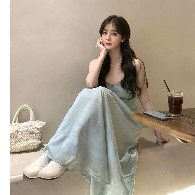 French Mint Green Backless Strap For Women Summer High-End Elegant Beach Vacation Style Long Dress B5