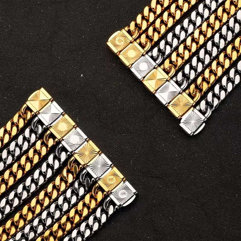 Hip Hop Jewelry Necklace Bracelet Set 18K Gold Miami Stainless Steel Cuban Link Chain