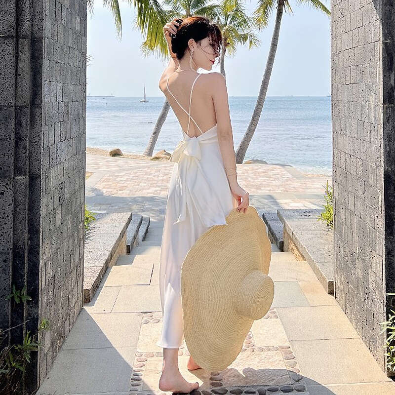 White Spaghetti Strap Sexy V-Neck Backless Waist-Cinching Slimming Vacation Photo Shoot Super Fairy Beach Dress B5