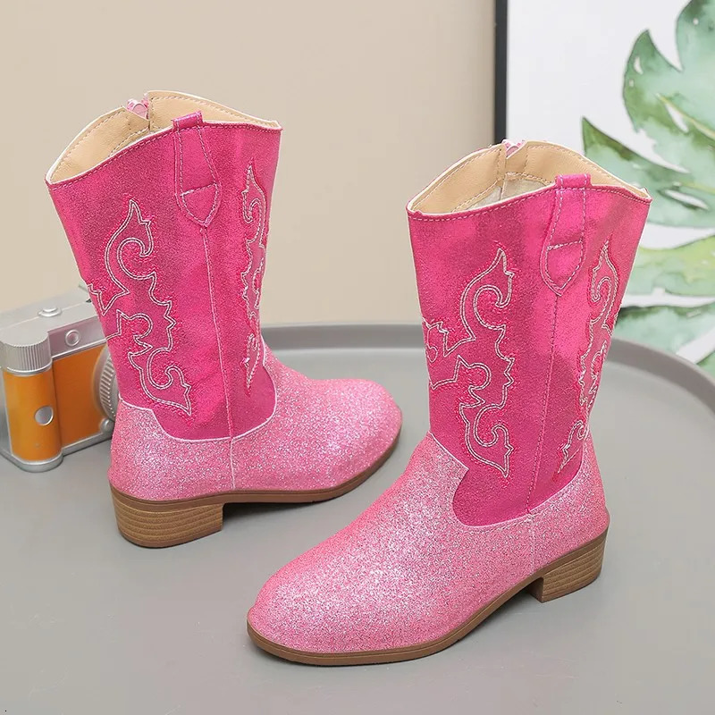 Toddler Snow Gear Girls Boots Mid Calf Glitter Western Cowboy Boot Little Kid Big Kid Riding Girls Botas Size27-36 Kids Shoes 250711