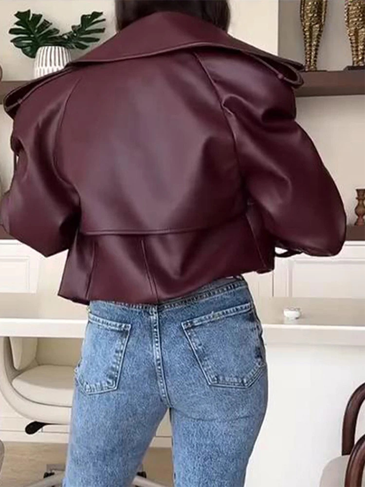 Vintage Leather Jackets Coats Women Single Breasted Loose Contrast American Style Lapel Short Jacket Chic Motorcycle Outwears 250709