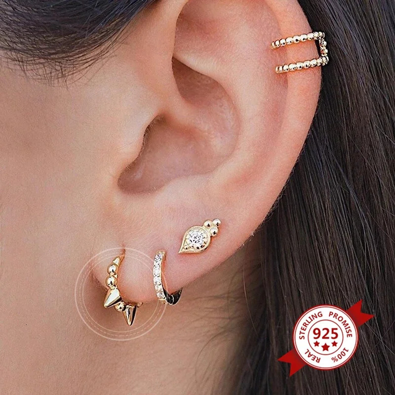 Punk Hip Hop Rivet Earrings 925 Sterling Silver Needle Gold Color Round Hoop Earrings for Women Fashion Gothic Party Jewelry 250708