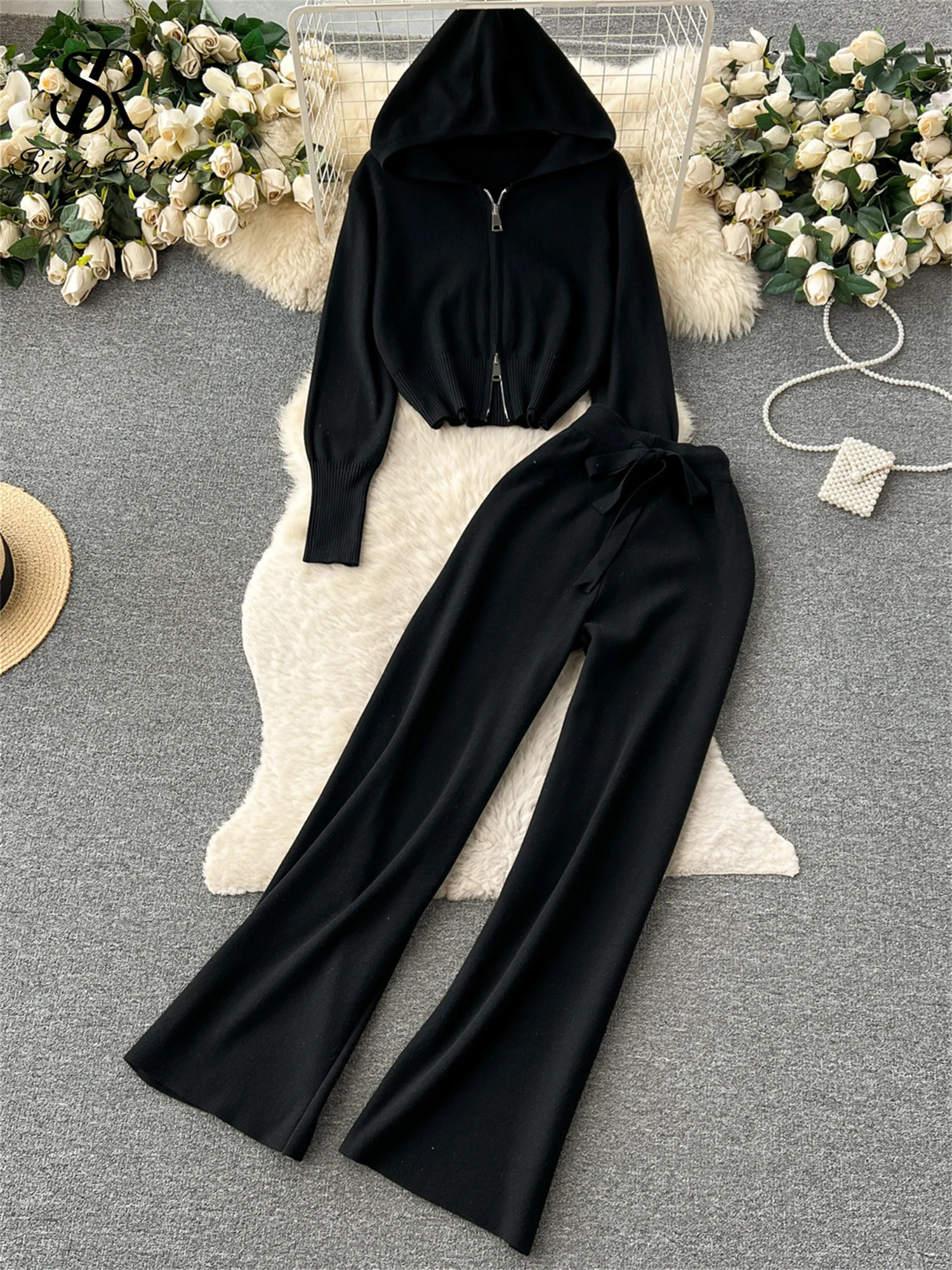 SINGREINY Fashion Casual Sports Knitted Suits Zipper HoodieElastic Waist Drawstring Wide Legs Long Pants Winter Two Pieces Sets 250709