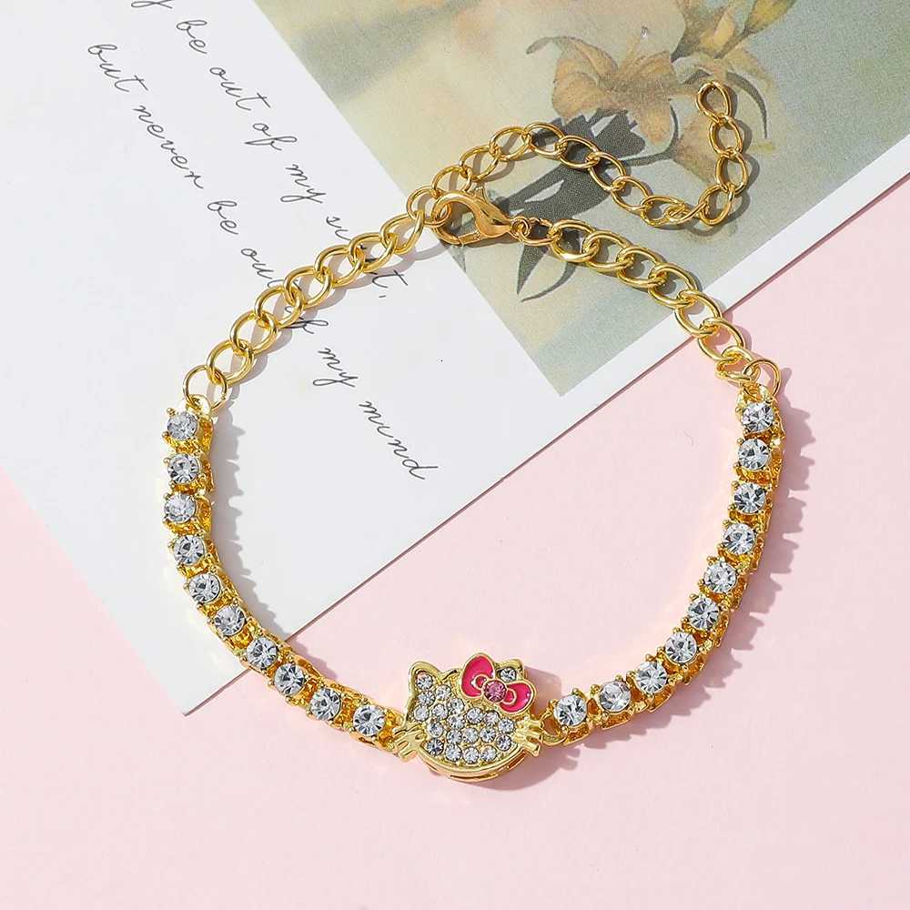 Sanrio Gold Plated Sanrio KT Cat Bracelet for Women Adjustable Full of Rhinestones Trendy Square Zircon Jewelry Accessory w250716