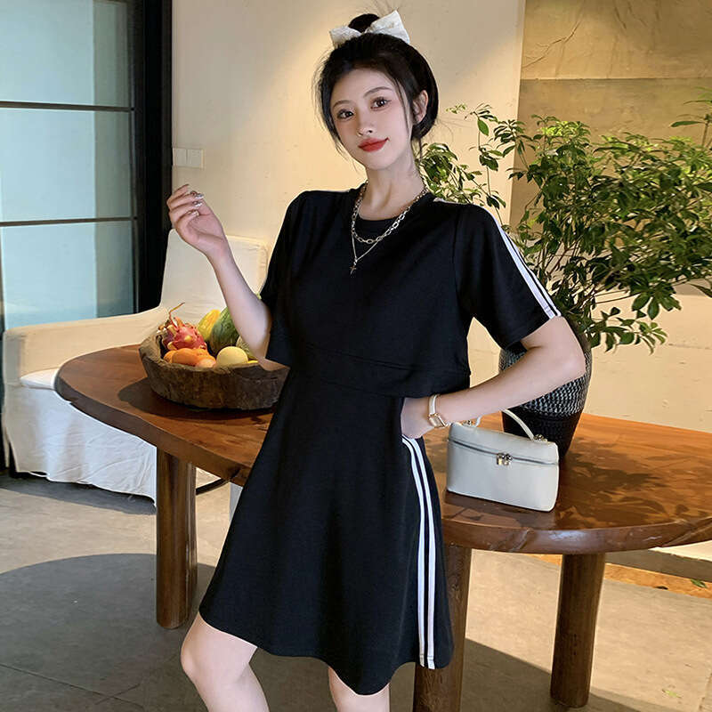 Plus Size French Casual Fake Two-Piece Summer Fat MM Belly Covering Slimming Sports Style Dress For Women B5