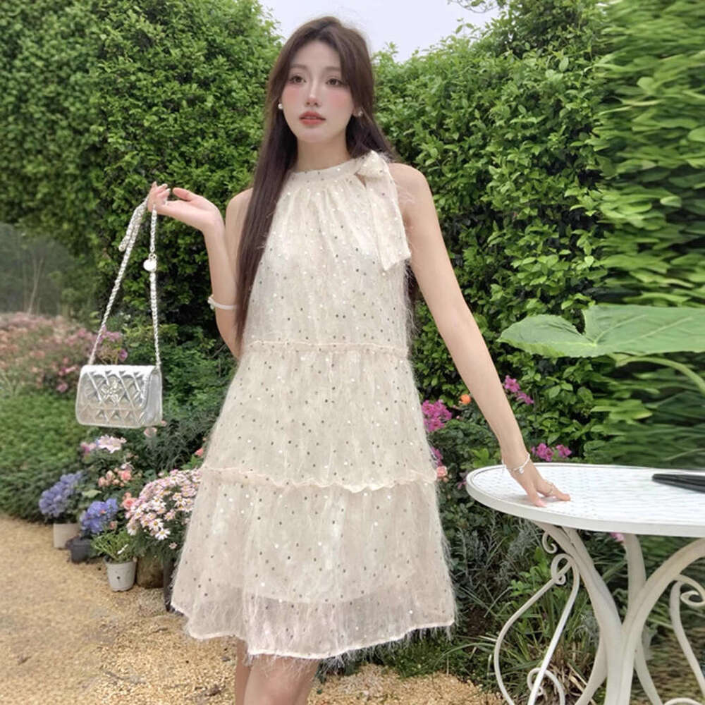 Bow Tie Halter For Women Summer French Style Petite Elegant Sleeveless Princess Doll Midi Dress B5