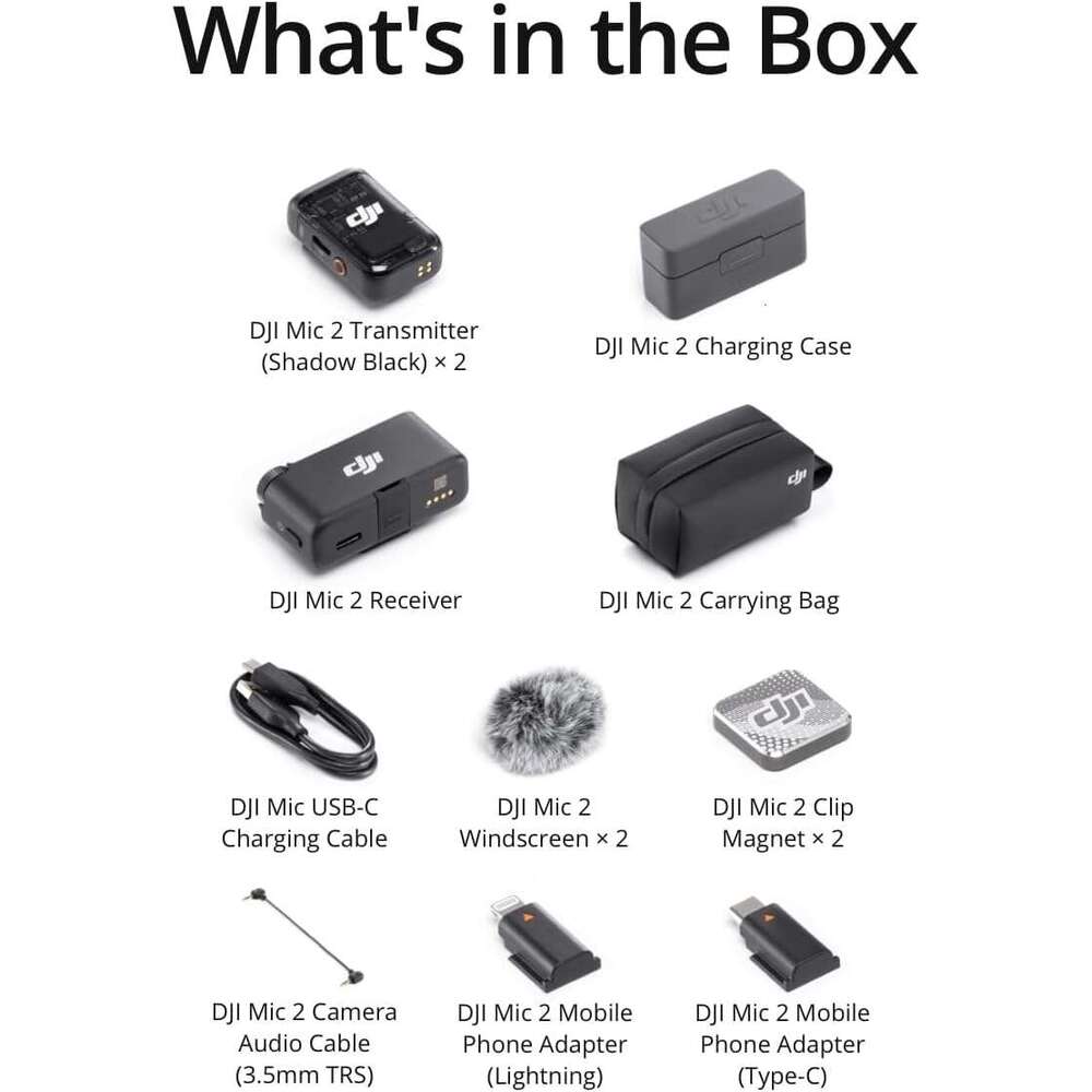 DJI Mic 2 (2 TX 1 RX + Charging Case), Wireless Lavalier Microphone, Intelligent Noise Reduction, 32-bit Floating Internal Recording, 86 Feet (250m ) 