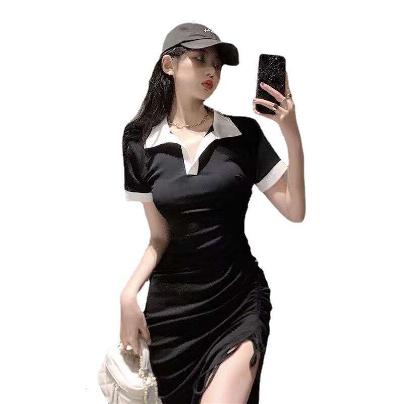 French Style Polo Collar Patchwork Color Block Slit New Slim Fit Drawstring Design One-Step Dress B5