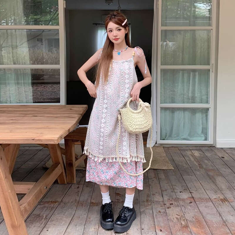 Summer Women's Fashion New Small Gentle Style Strap Female First Love Belly Covering Loose Slimming Dress B5