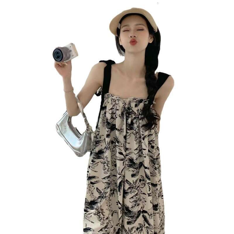Beach Vacation Floral Strap Long Small Size Summer Korean Style Casual Loose Slimming Tube Dress B5