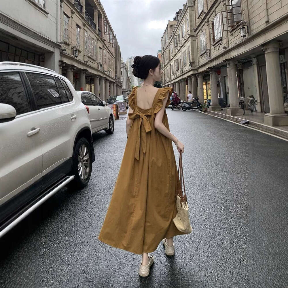 Gentle Style Lace-Up Bowknot For Women Summer Sweet Small Flutter Sleeves Elegant Waist-Cinching Slimming A-Line Long Dress B5